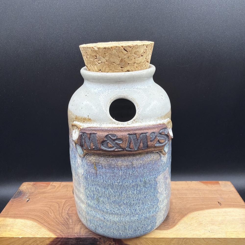 VTG Neher Studio Pottery M&M Jar W/ Cork Lid Beige Blue Funny Gift Handmade 5.5"